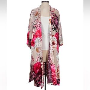 Chico's Vibrant Floral Satin Kimono Robe - Pink and Cream - Boho-Chic - Size S/M